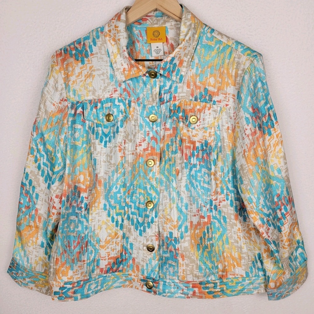 Ruby Rd Southwest Ikat Jacket‎ Size 14 Rayon Blend Lightweight Shimmer Artsy